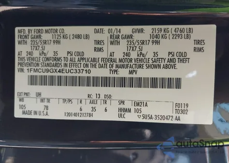 2014 Ford Escape Se from USA, damaged, VIN 1FMCU9GX4EUC33710